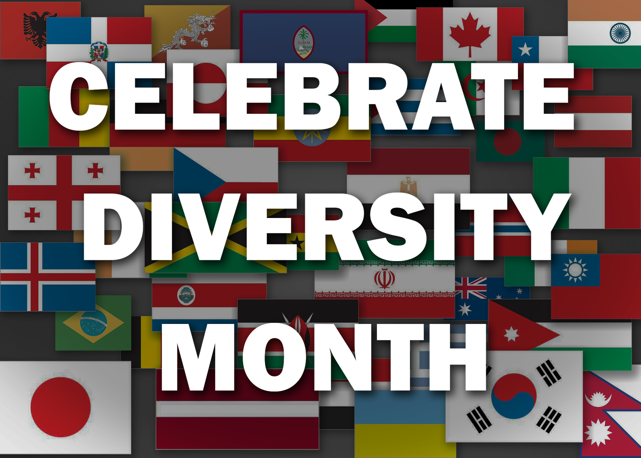 Poster of many country flags, Banner says Celebrate Diversity Month.